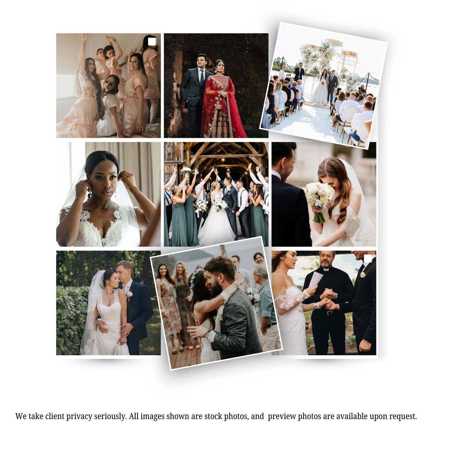 Wedding photo collage showing candid moments of celebration, dancing, and intimate couple portraits at an elegant venue.