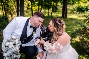 A couple in wedding attire shares a sweet moment with their dog in a sunlit forest setting.