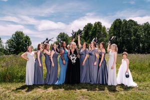 Wedding party strikes fun poses while standing in a grassy field under blue skies.