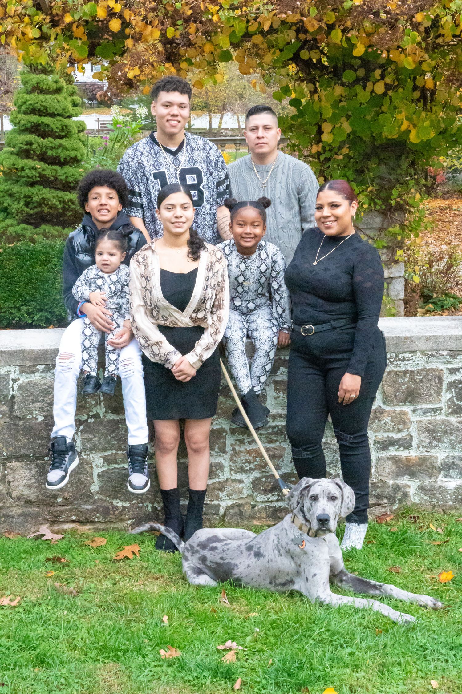 A family group poses together on stone steps with their gray dog during autumn.