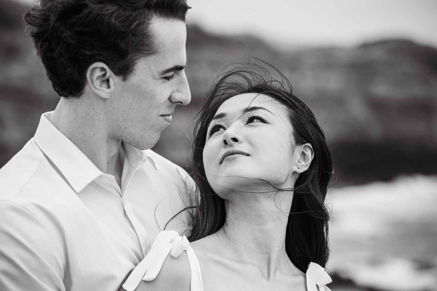 Moments after a surprise wedding proposal, at the Atlantic ocean coast, São Miguel island.