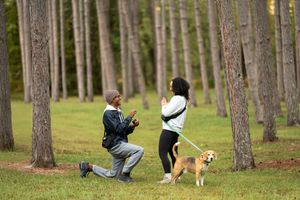 Man proposes on one knee to woman in pine forest while their golden retriever watches the romantic moment.