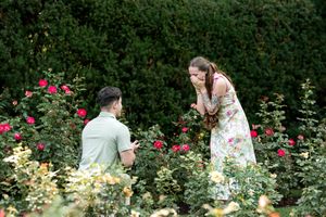 Man proposing on one knee in blooming rose garden to emotional woman.