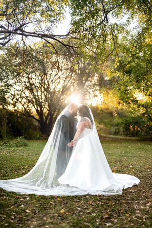 Bride and groom stand forehead-to-forehead beneath a sheer veil with golden sunset light glowing through trees.