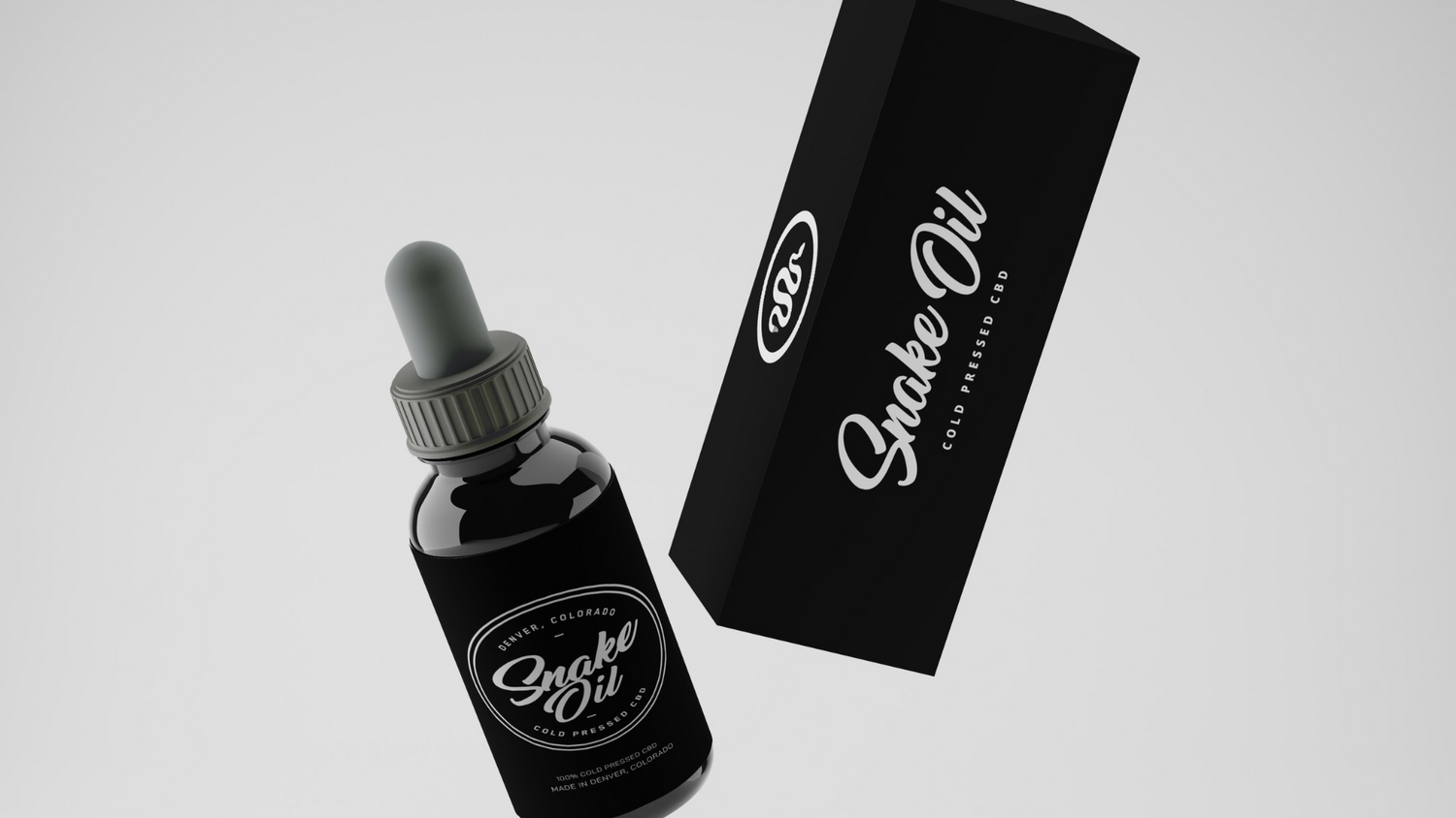 Black bottle of Snake Oil product with matching branded sleeve against white background.