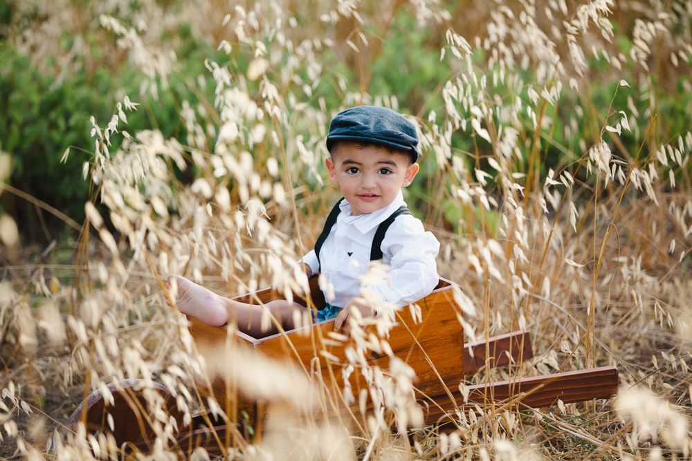 Young child in blue cap sits among tall dried grass in a rustic outdoor setting during autumn.