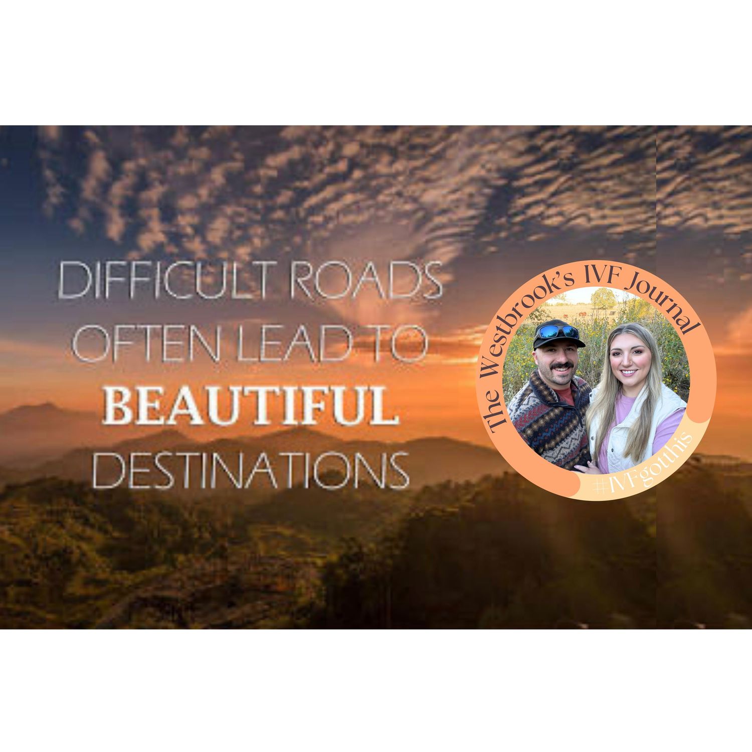Scenic sunset banner with inspirational text about difficult roads and beautiful destinations.