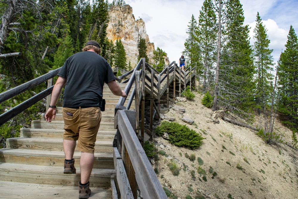 Wooden boardwalk stairs winding along steep cliffs in Yellowstone National Park.