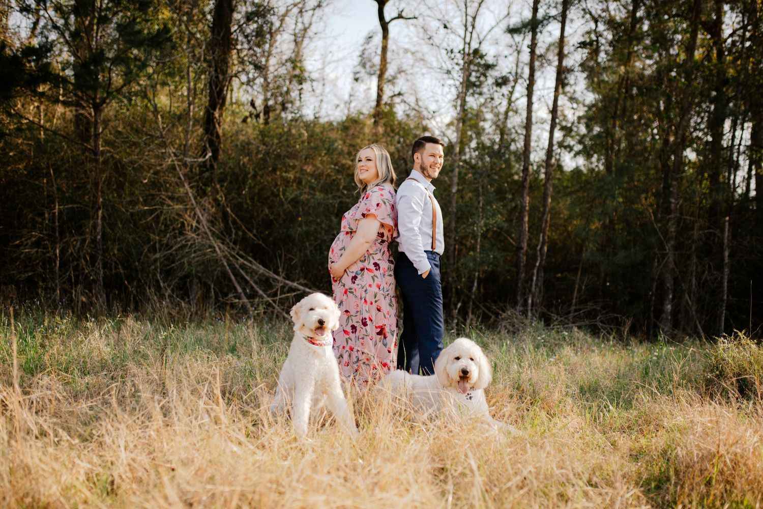 Golden hour Maternity outdoor photoshoot in a field with tall grass and trees in the background.