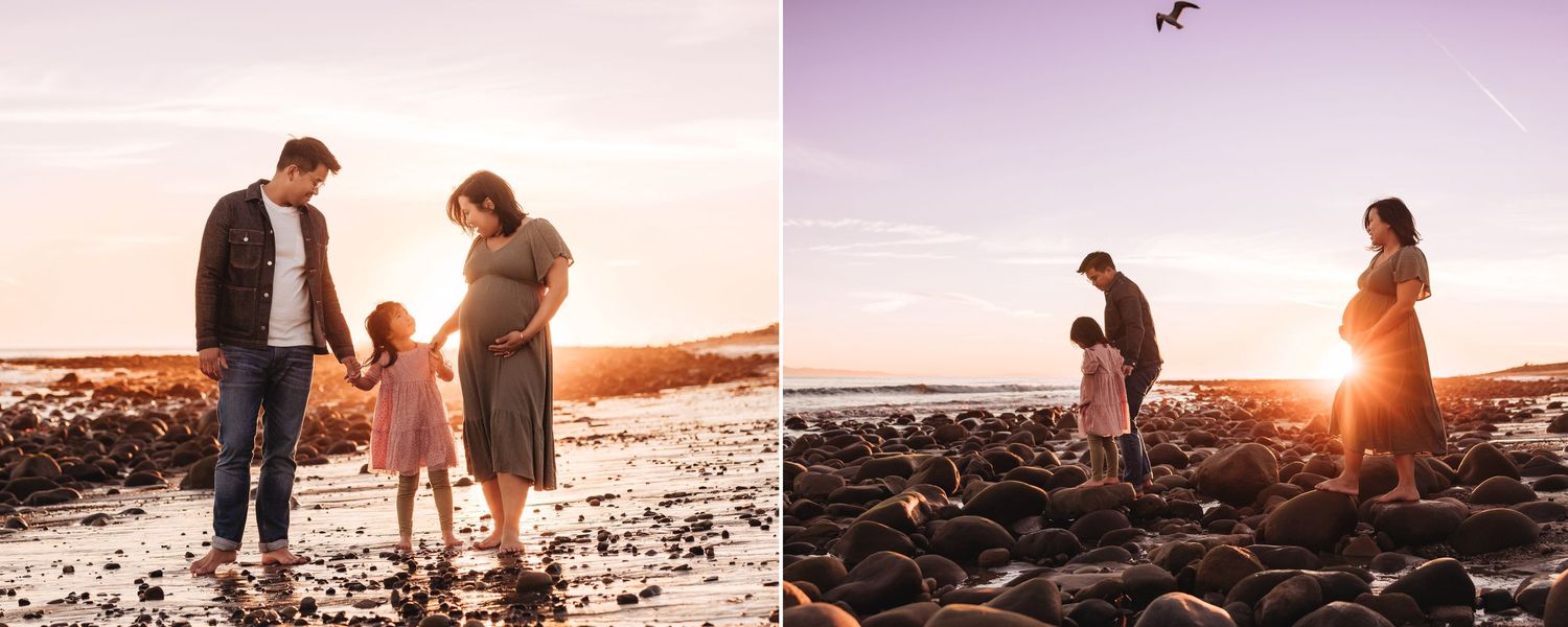 Beach maternity photos showing couple walking together at sunset.