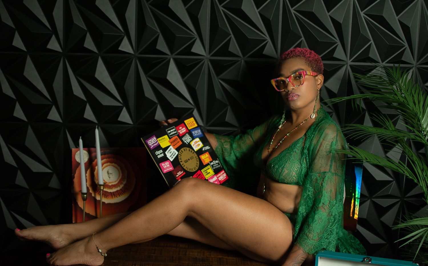 Music props for your boudoir photography session. Creative boudoir photoshoot, personality photo shoots