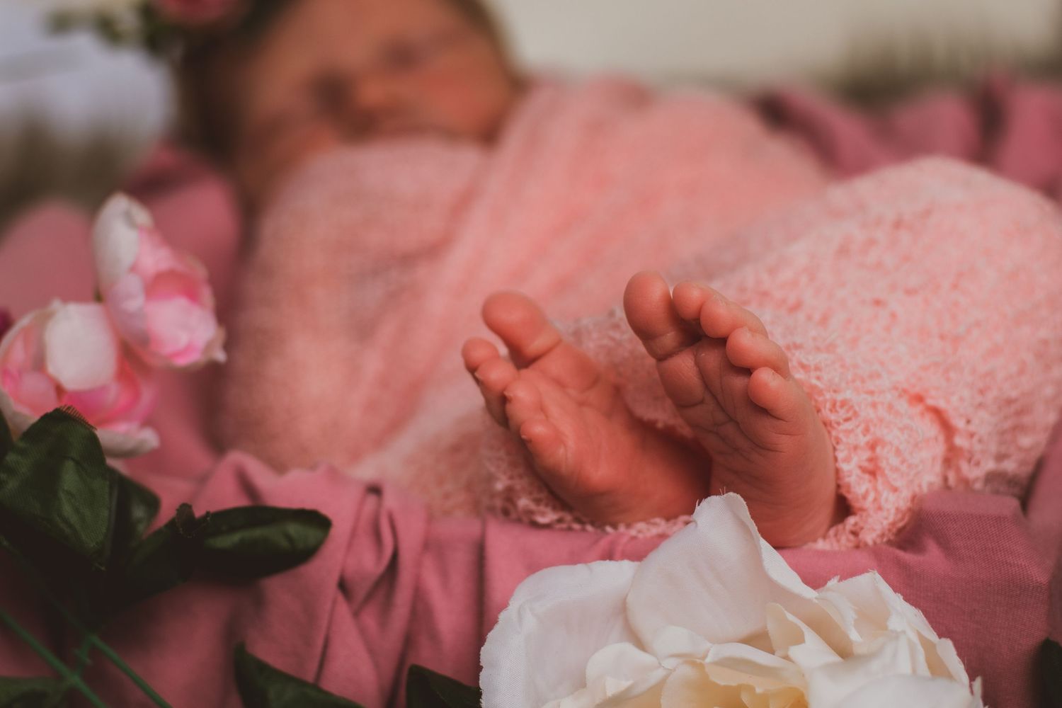 Tiny feet peek out from pink blanket surrounded by roses in newborn photography setup.