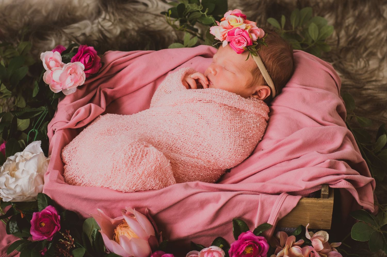 Newborn photography with baby wrapped in pink blanket surrounded by roses.