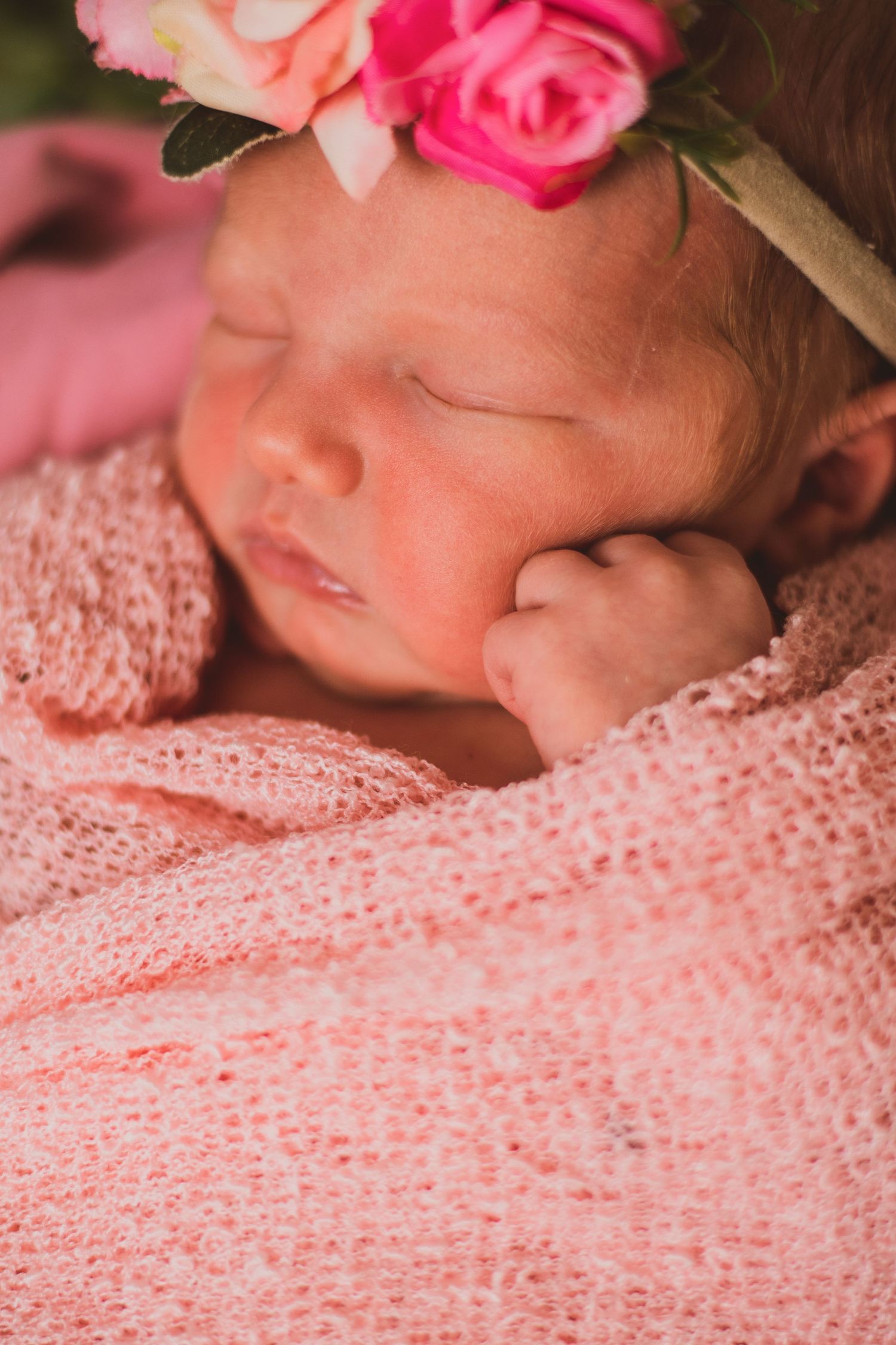 Peaceful sleeping newborn swaddled in pink knit wrap with rose flower crown.