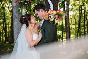 Romantic wedding photo collage showing couple in outdoor forest setting with natural sunlight filtering through trees.