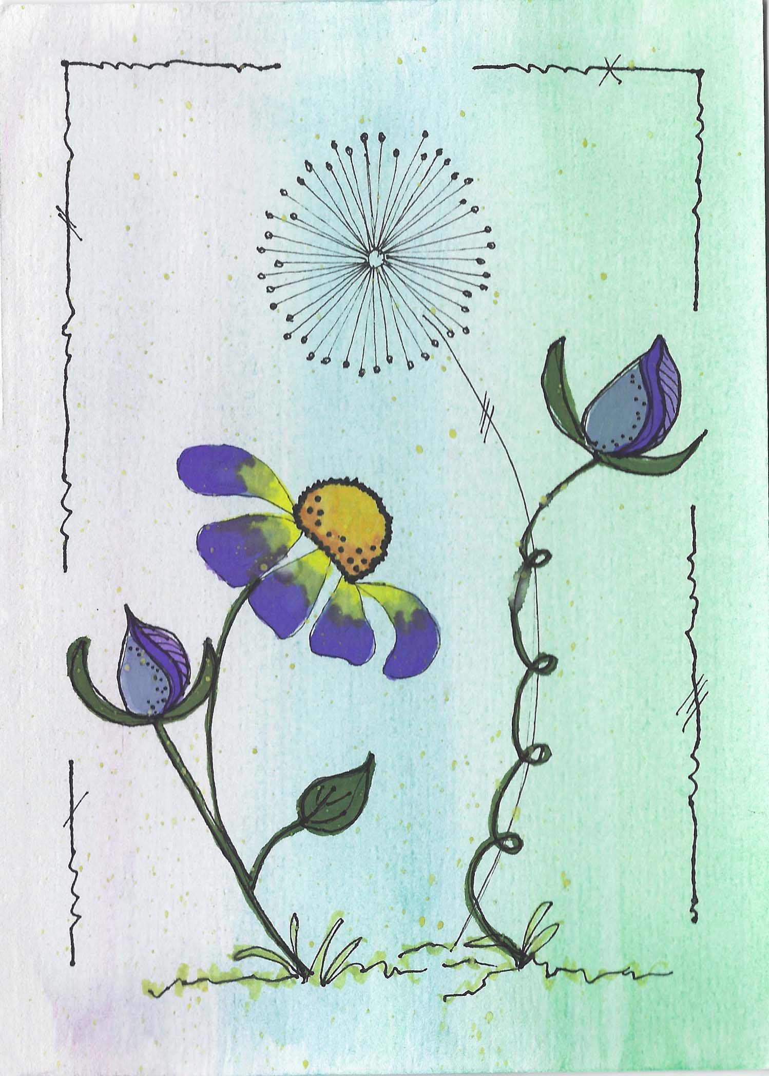 Sequential watercolor panels showing purple flowers and dandelion seeds against a soft pastel background.