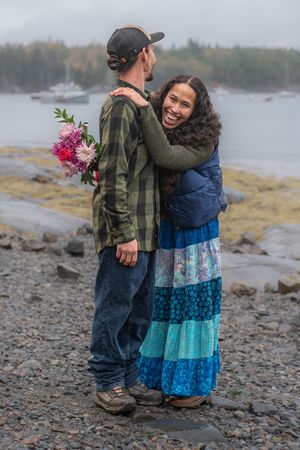 Couple engagement photoshoot in Acadia, Maine. Elopement by the water near Bar Harbor, Maine Elopement wedding ceremony