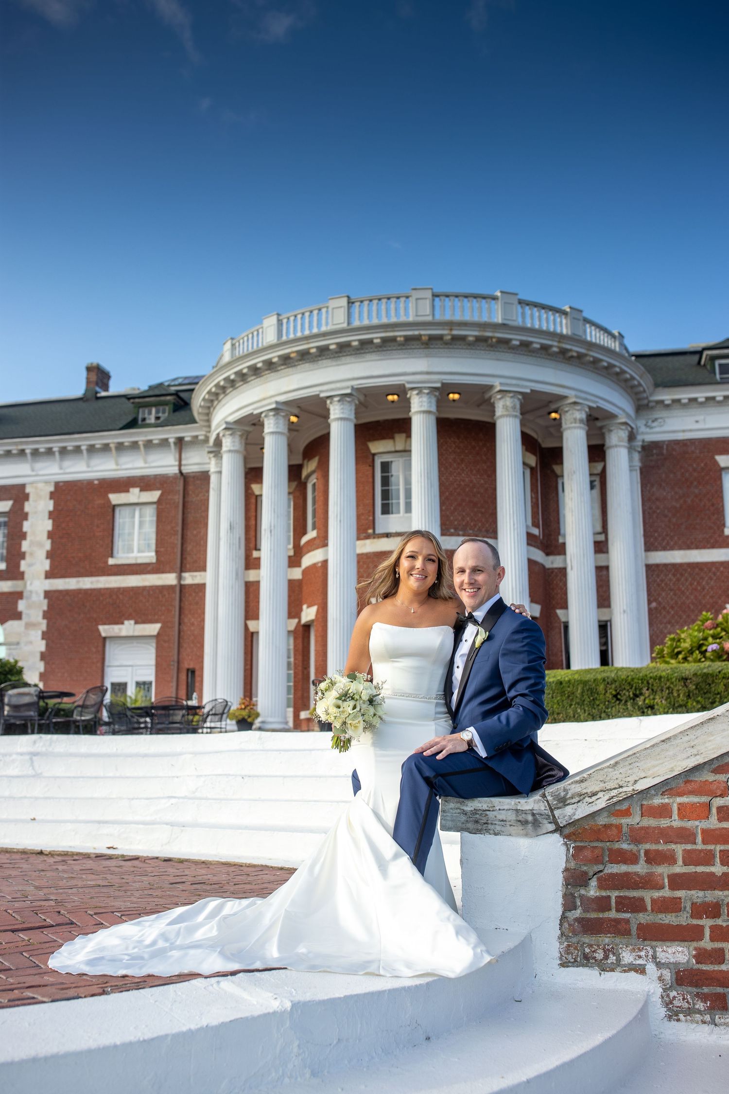 Bride and groom portrait outside Bourne Mansion in Oakdale, New York.
