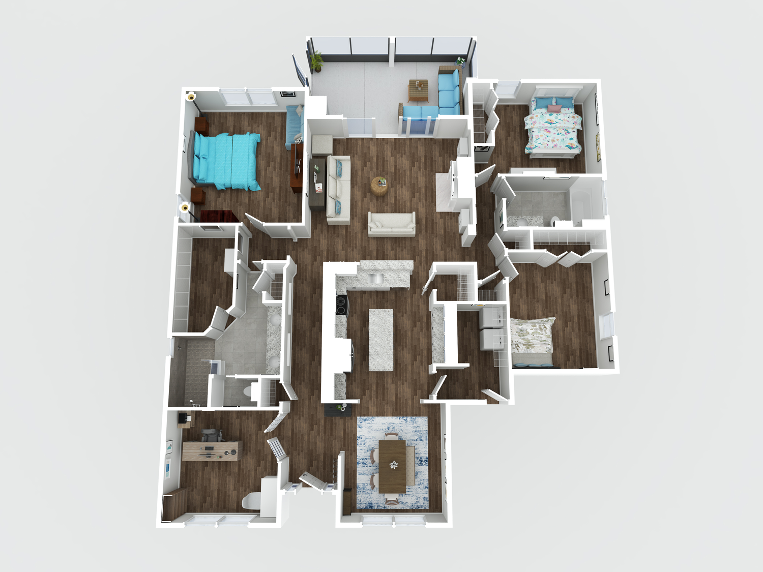 3D floor plan rendering showing a modern apartment layout with bedrooms and living spaces.