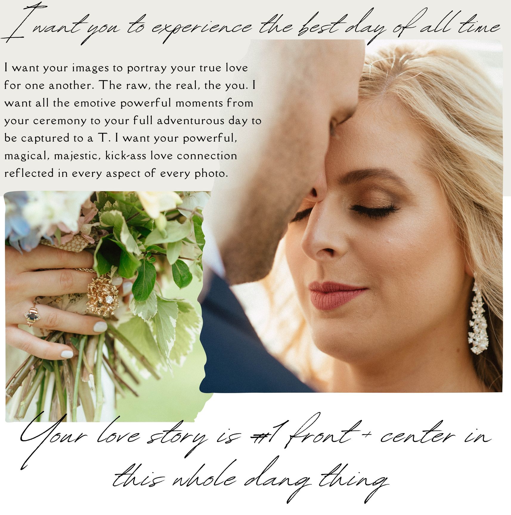 Collection of romantic wedding photography moments with text overlays.