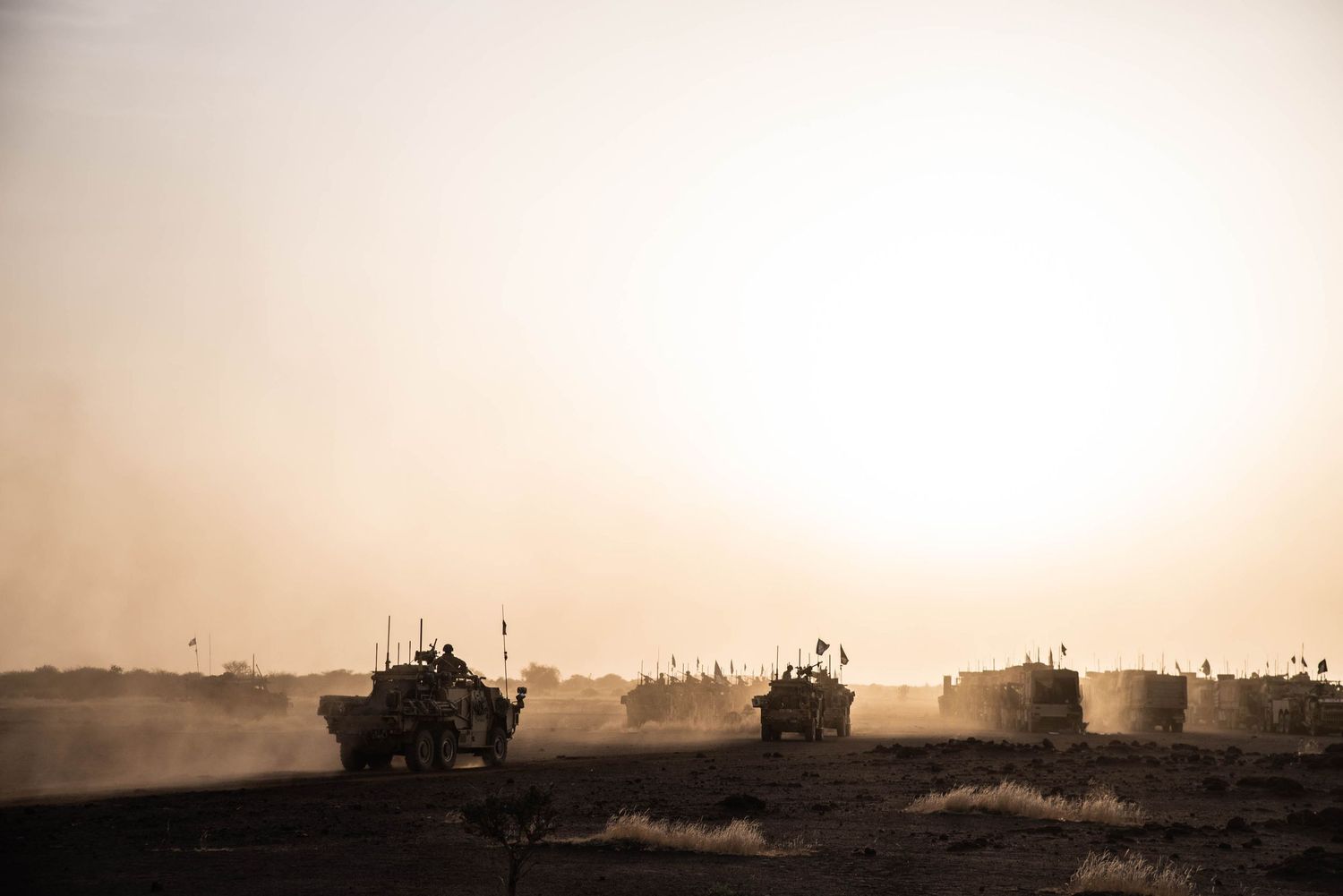 Mali sunset and military vehicles