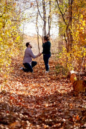 A proposal moment captured on a leaf-covered autumn trail surrounded by golden trees.