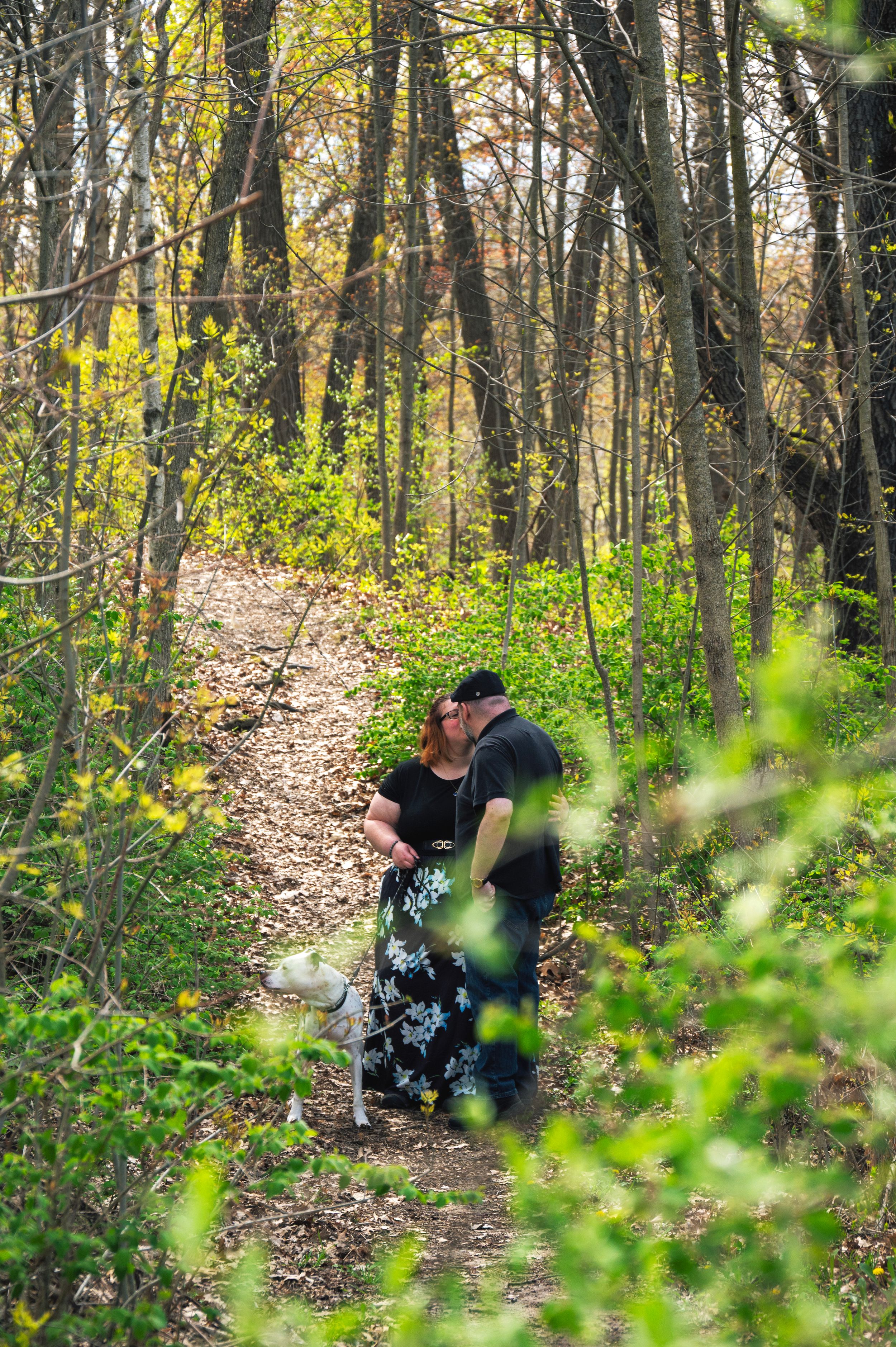 A couple embraces while walking along a winding forest trail surrounded by spring greenery and birch trees.