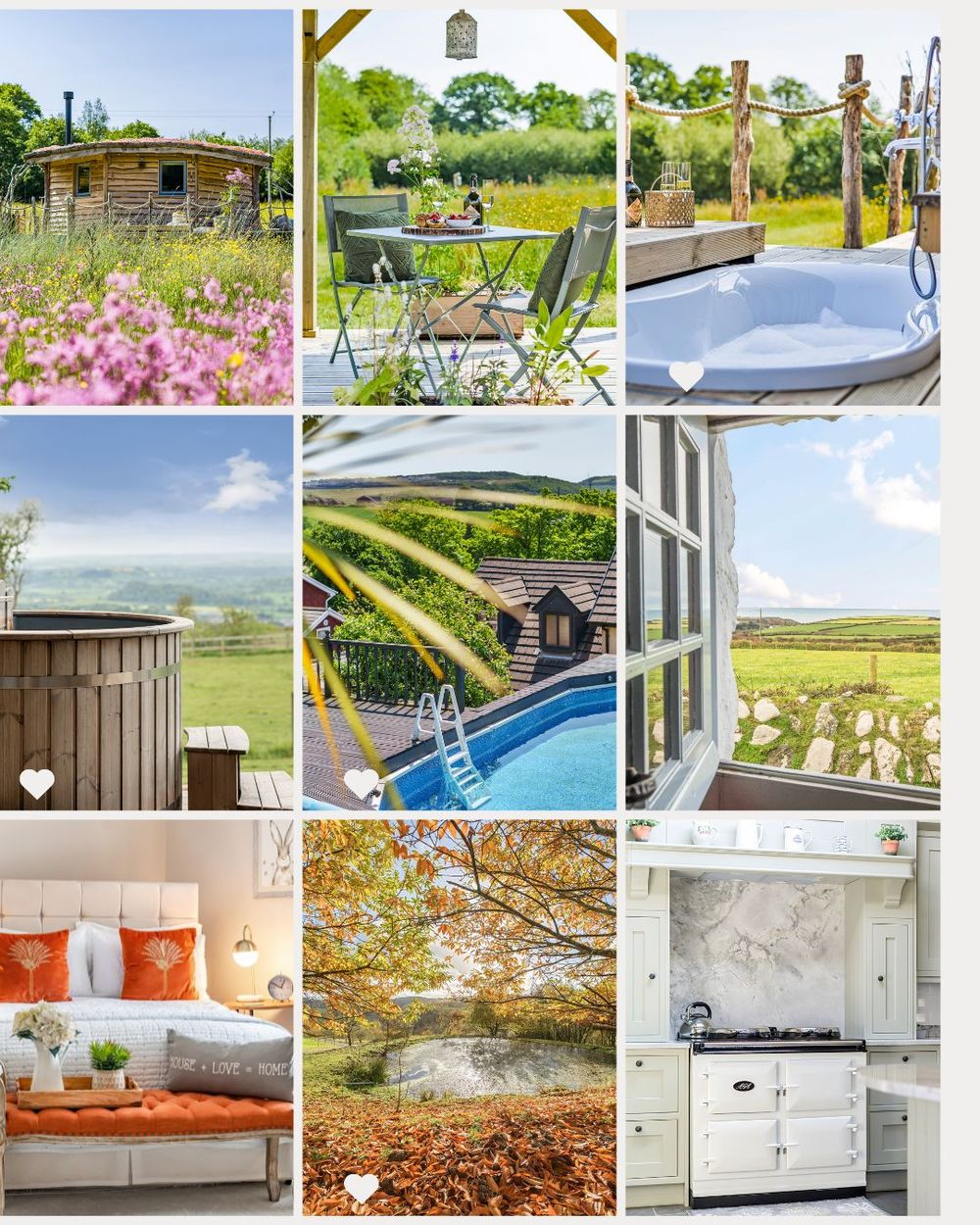 A collage of a countryside retreat featuring a hot tub, pool, meadow views, cozy bedroom, autumn woods, and a classic kitchen.