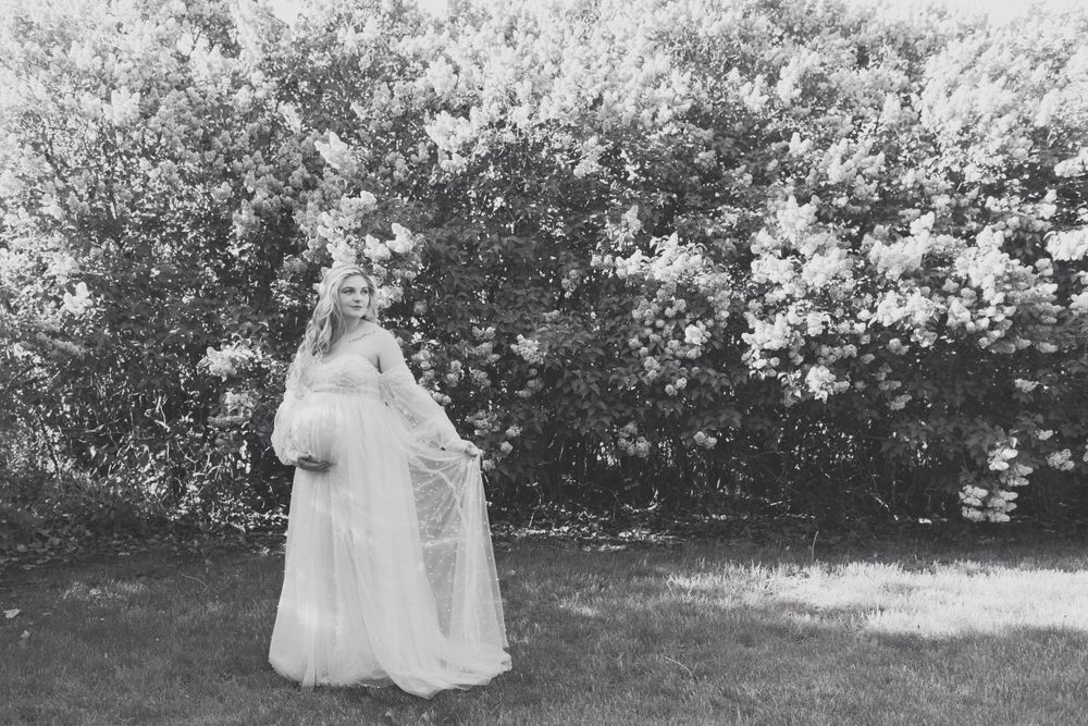 Outdoor maternity photos in lilacs, taken by Jen Knightstep, Photographer