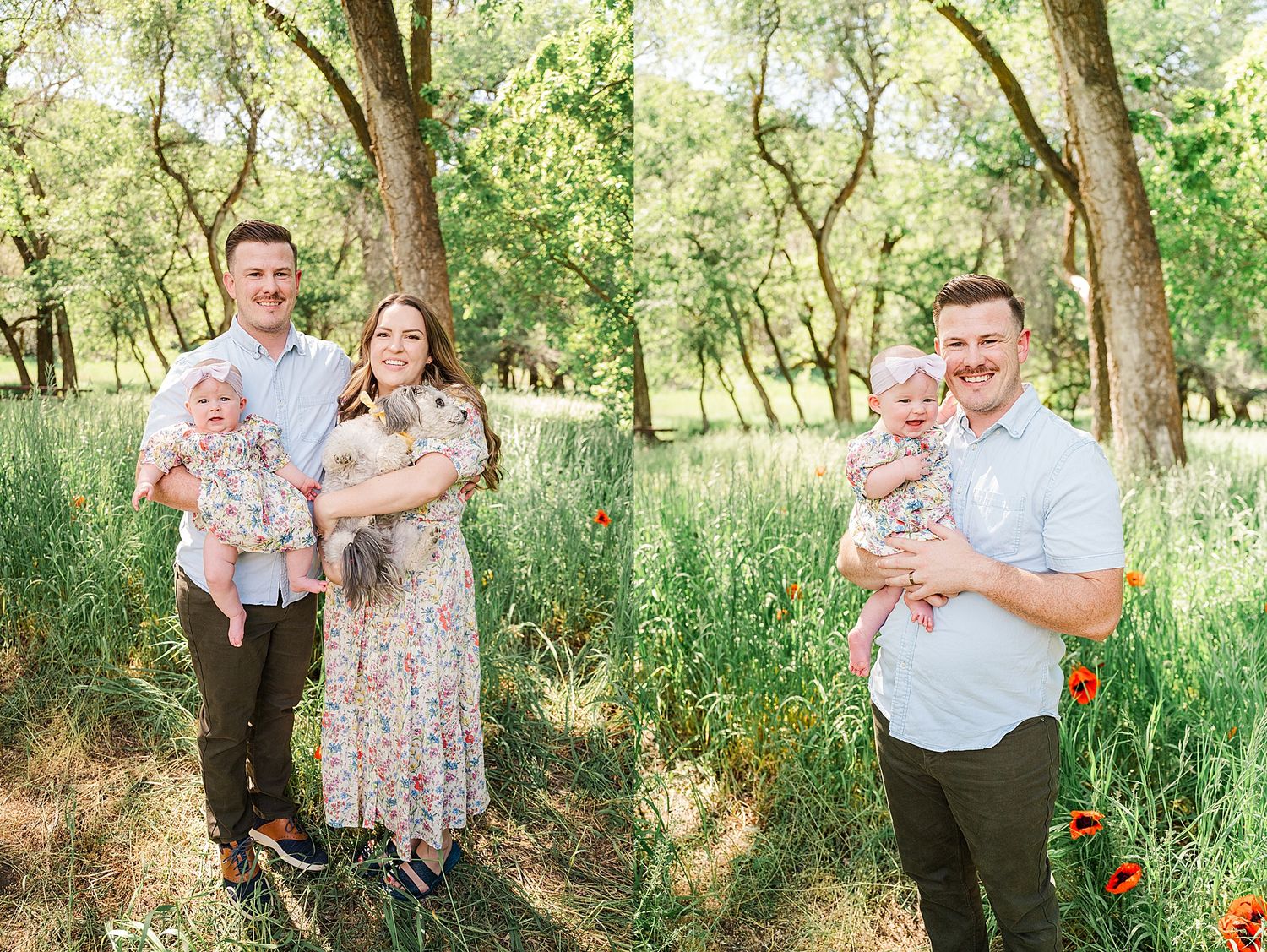 Family poses together in a natural outdoor setting with tall grass and trees.