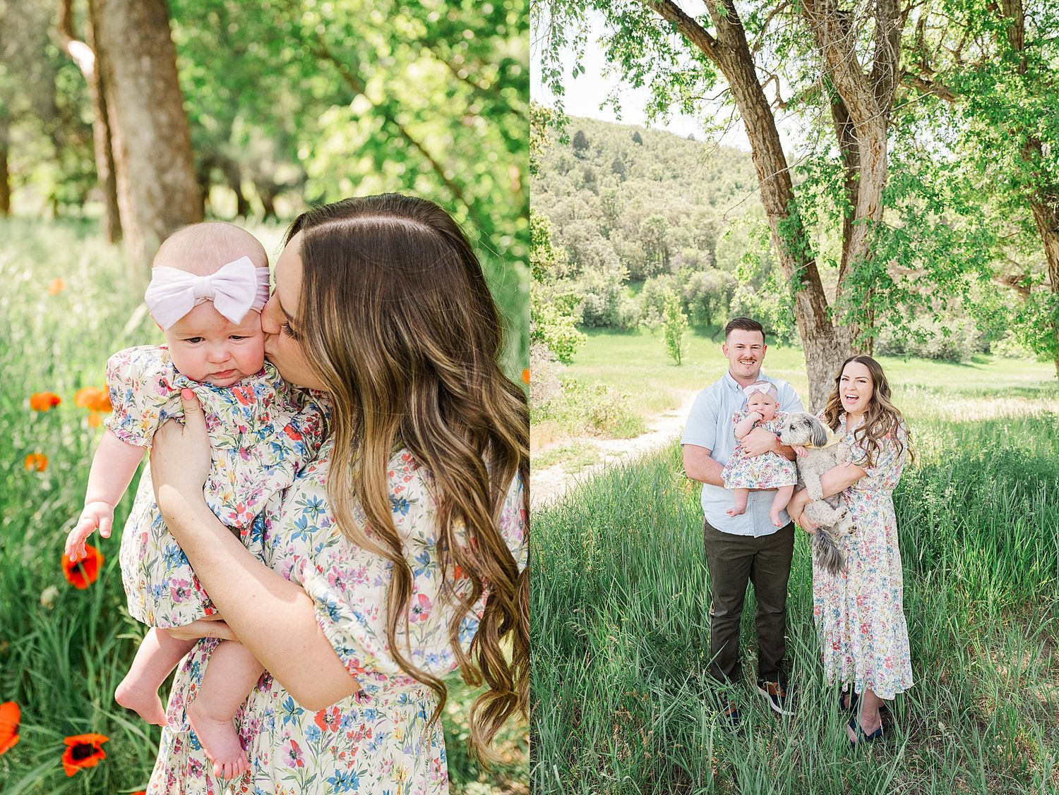 Tender family moment captured in a scenic outdoor setting with wildflowers.
