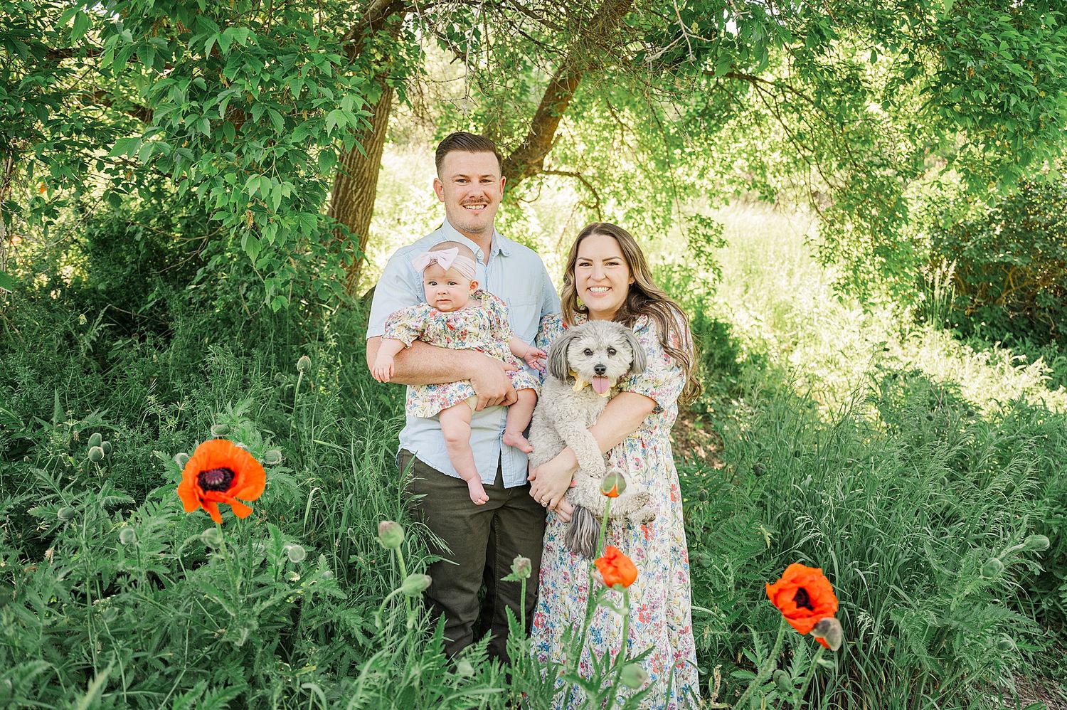 Family portrait in sunlit garden with orange poppies blooming among green foliage.