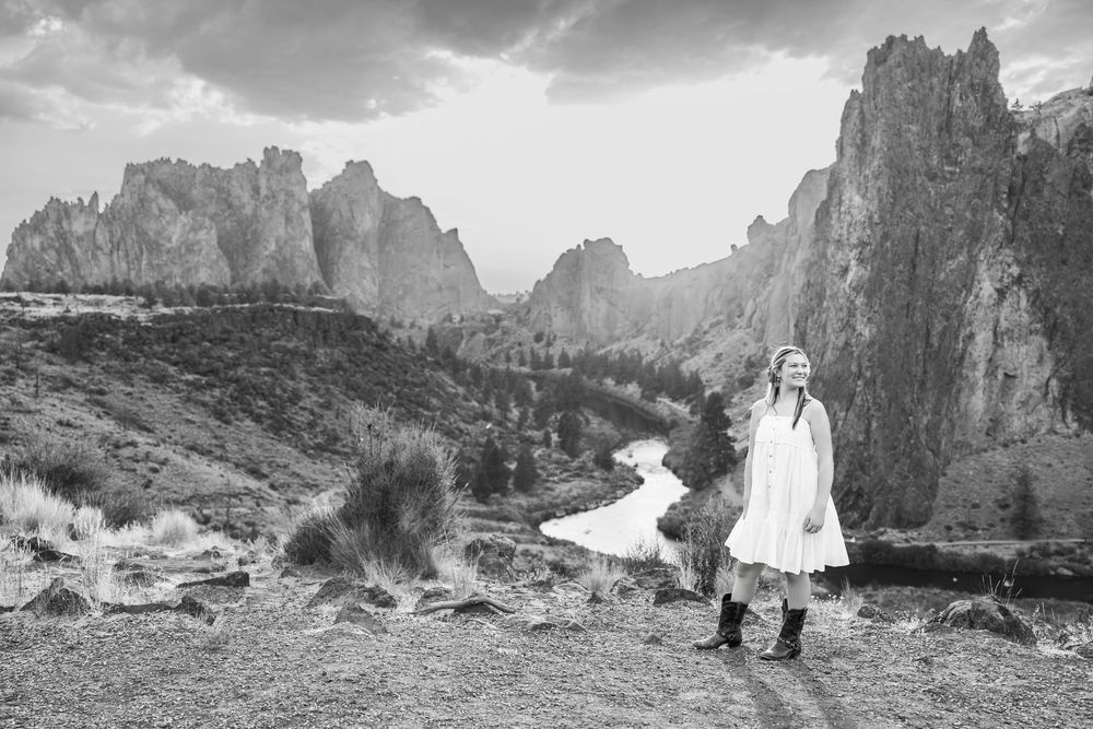 Historic black and white photographs showing scenic views of Smith Rock State Park in Oregon with mountainous rock formations.