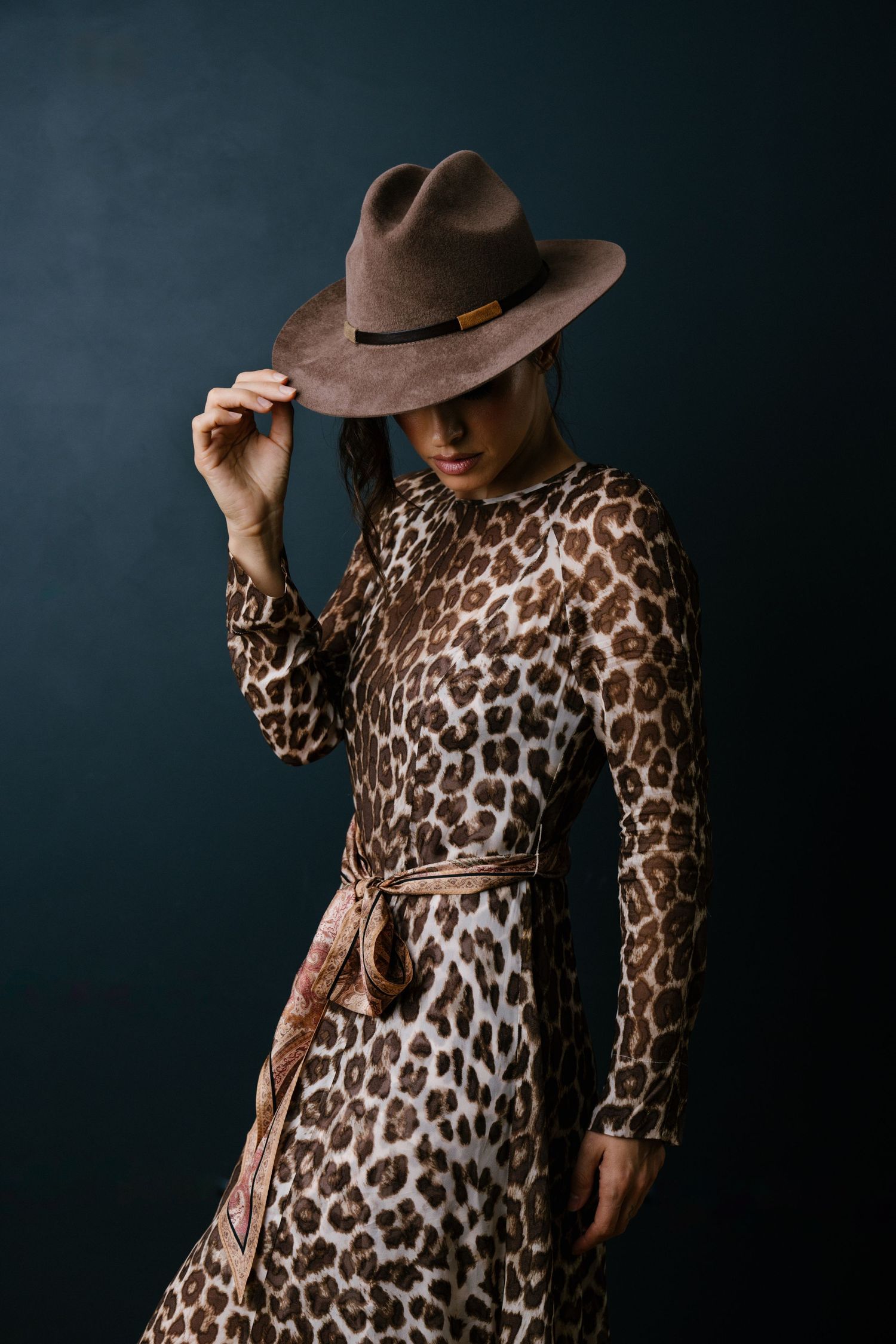 Stylish leopard print dress paired with brown fedora hat against dark moody backdrop.
