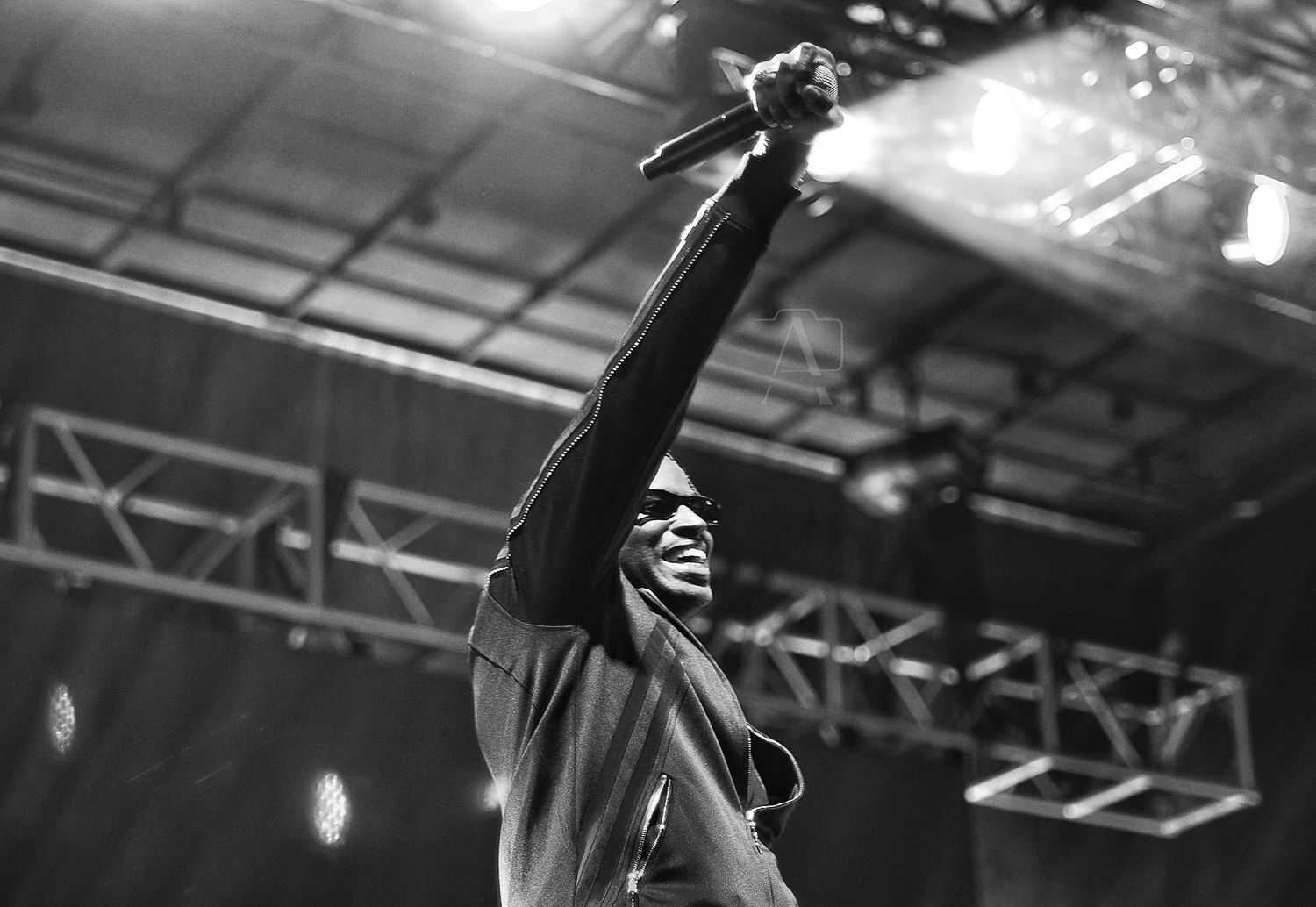 Performer raises their arm triumphantly on stage during an energetic concert performance.