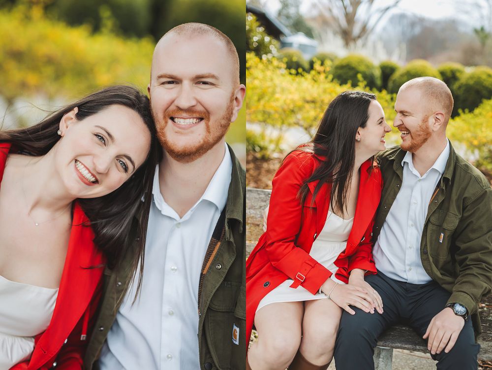 Collage of candid engagement photos showing a happy couple in a garden setting.