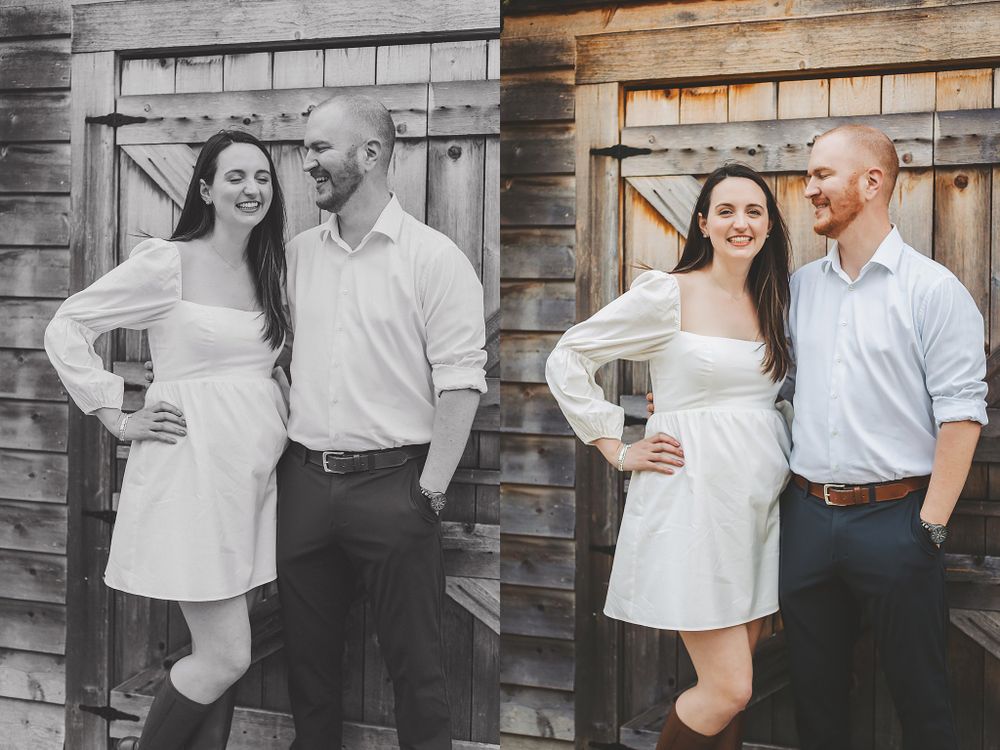 Side by side color and black and white photo of couple posing against rustic barn wall.