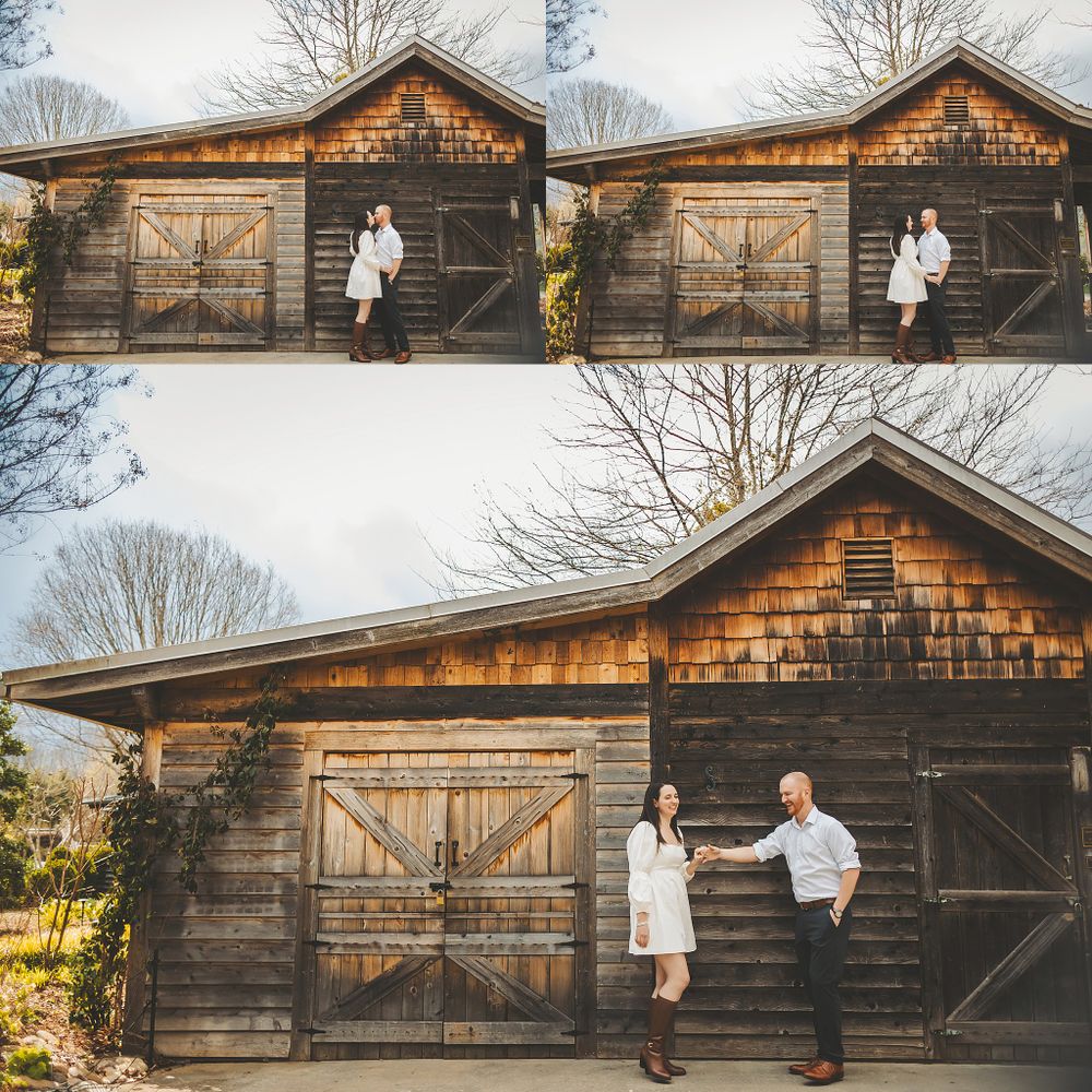 Rustic barn with wooden shingle siding provides backdrop for outdoor photography session.