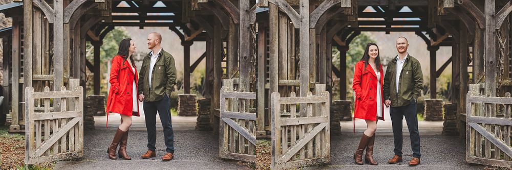 Romantic engagement photos taken in a rustic wooden covered bridge setting.