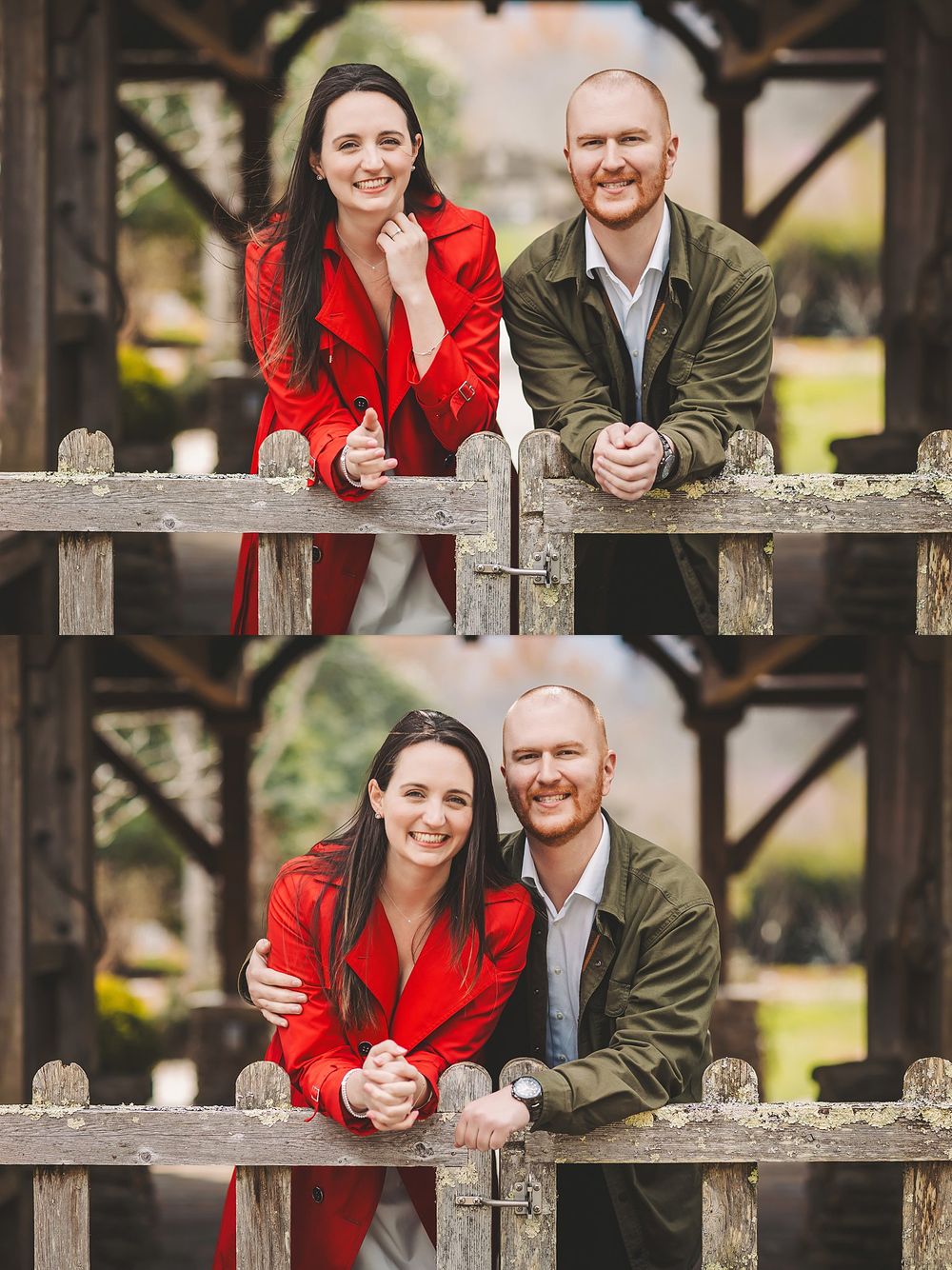 Candid engagement photos with couple leaning on wooden fence while wearing red coat and olive jacket.