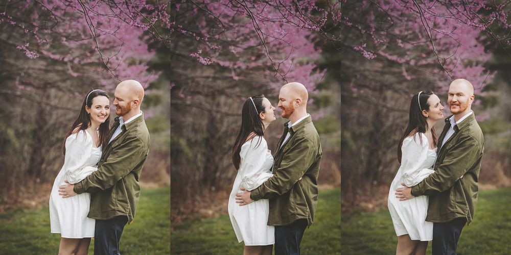 Sweet couples portraits captured against blooming spring trees.