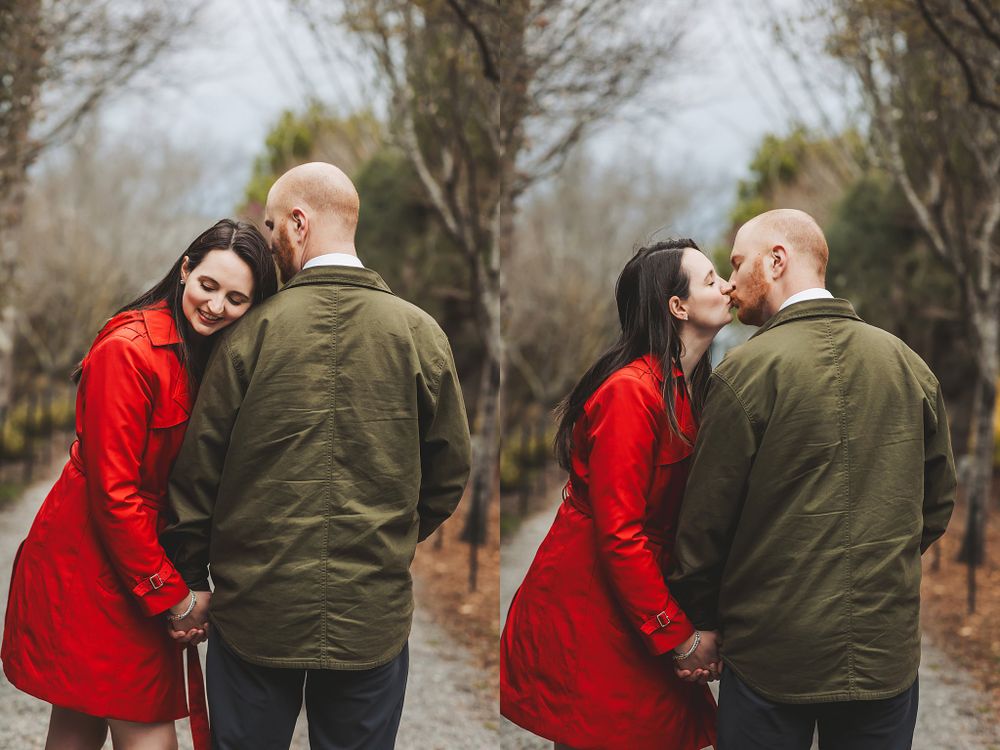 Casual walking photos of couple in red coat and olive jacket on autumn path.