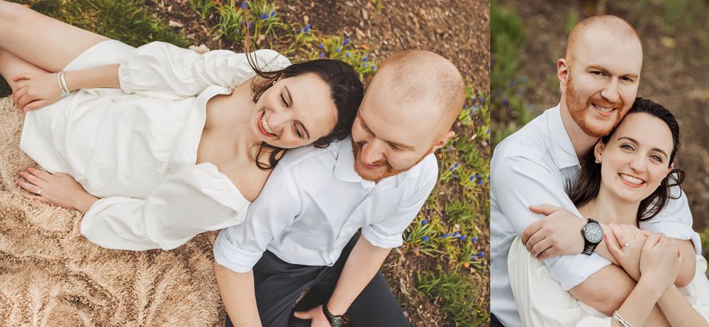 Playful candid moments captured during outdoor engagement photo session.