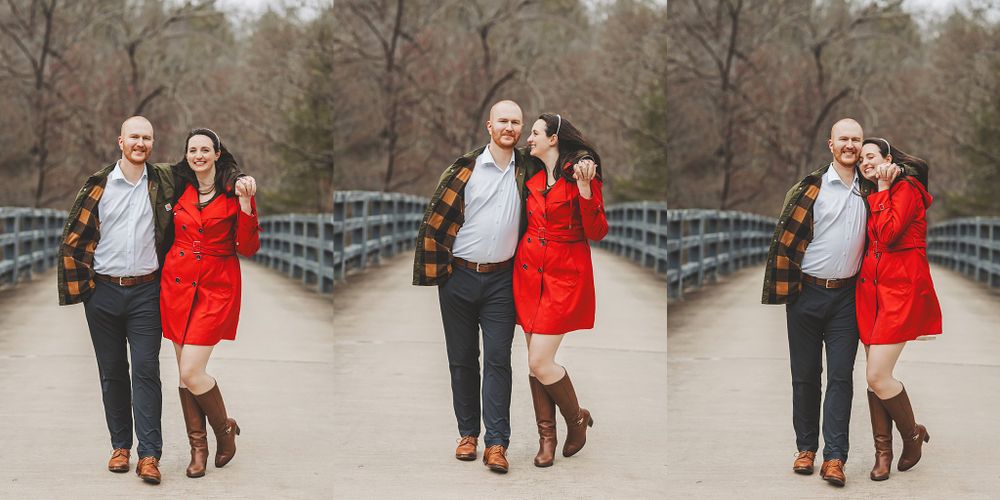 Couple walking together outdoors in a casual setting on a cloudy day.