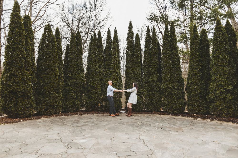 Row of tall cypress trees creates a natural backdrop for an outdoor photo session.