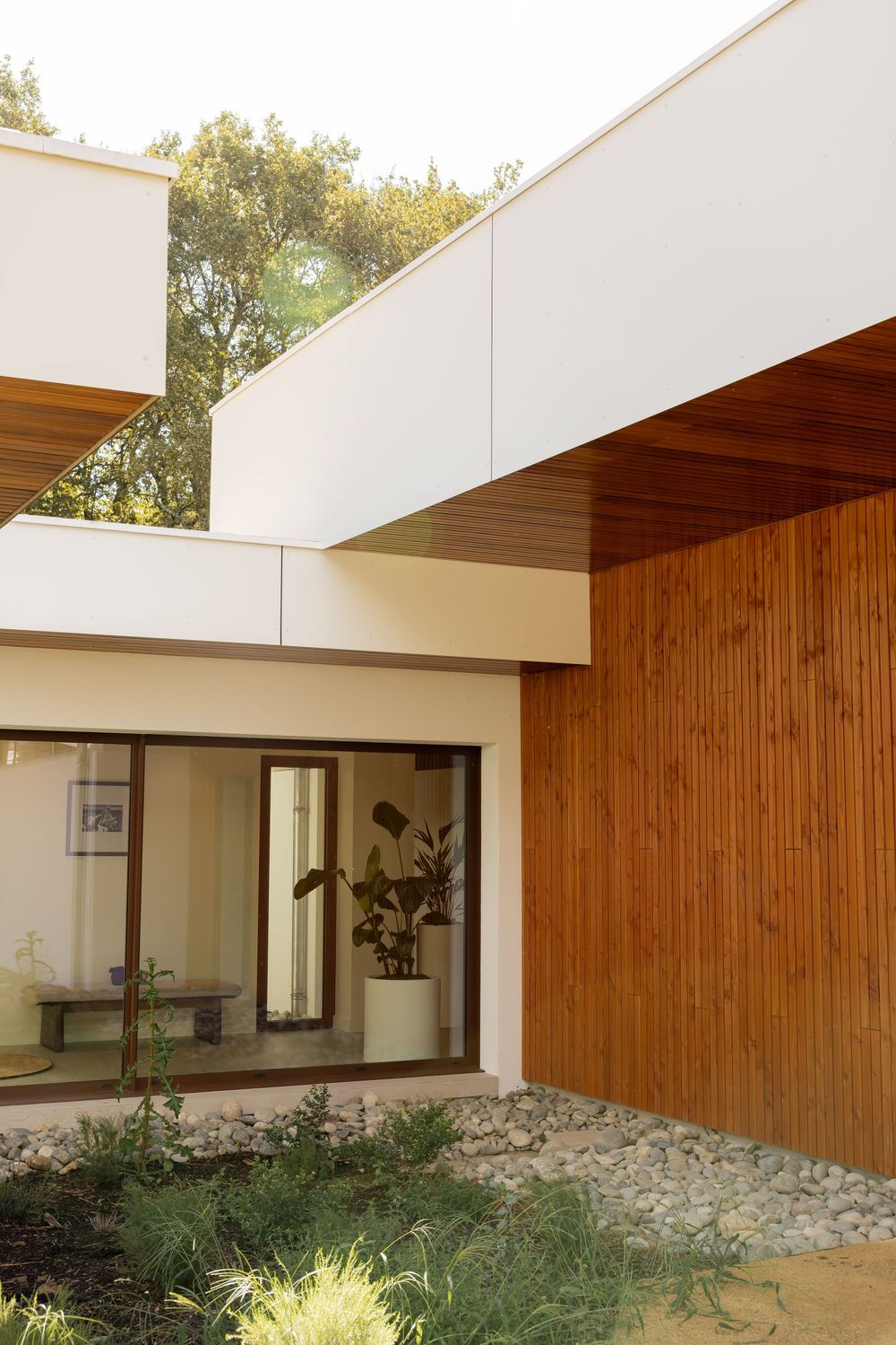 Modern house exterior features clean white walls contrasting with warm wood paneling and natural stone landscaping elements.