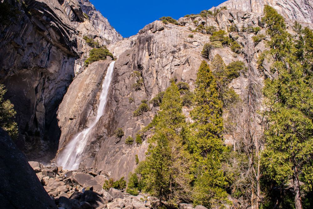 Waterfall flows down towering granite cliff with pine trees framing the natural scene.