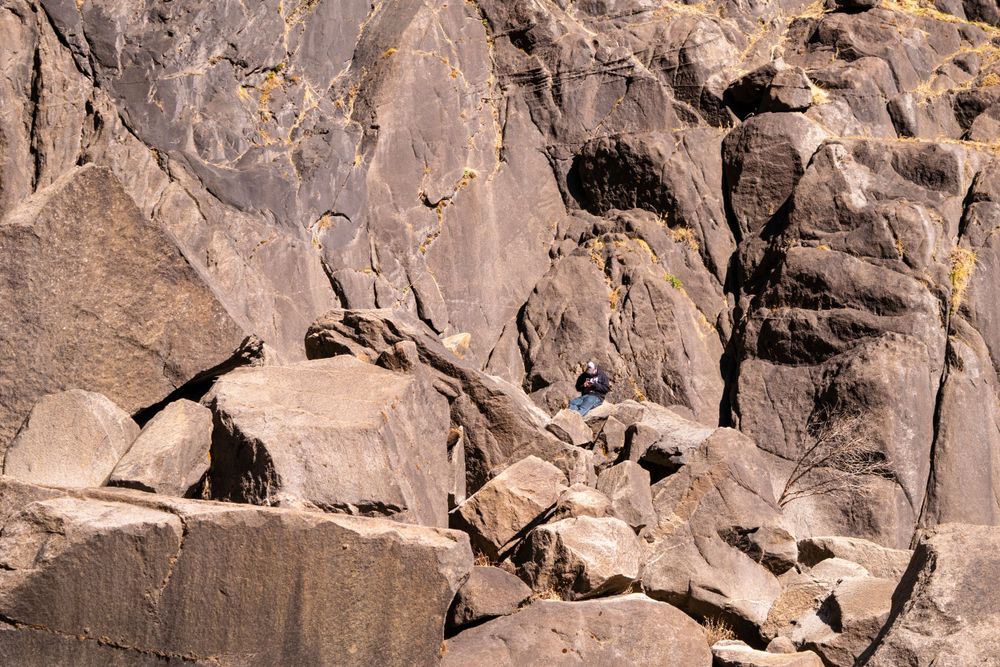 Small silhouette perches on rocky outcropping against massive cliff face.