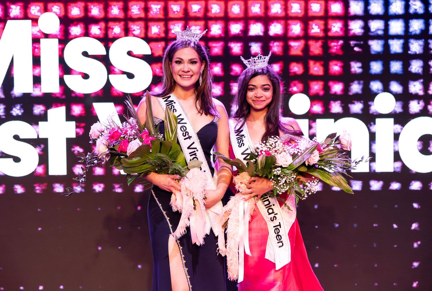 Beauty pageant stage with bright pink lighting and contestants in evening gowns.