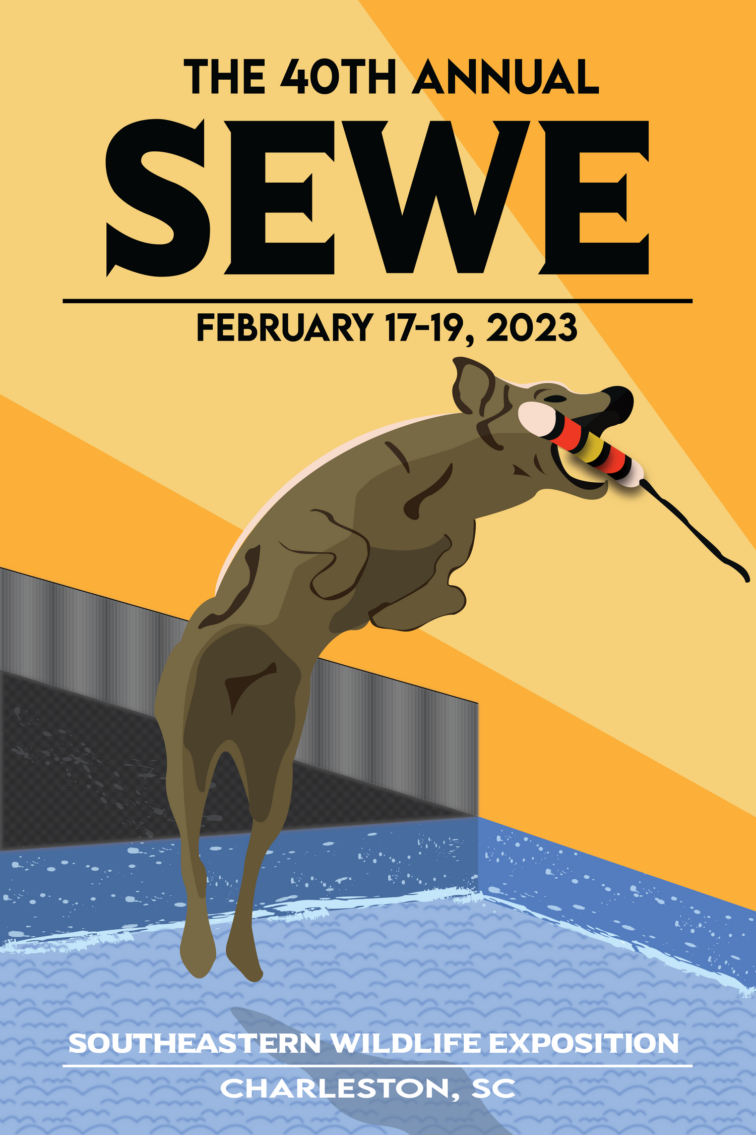 A retro-style illustrated poster for the 40th SEWE wildlife expo featuring an illustrated dock dog jumping with orange background.